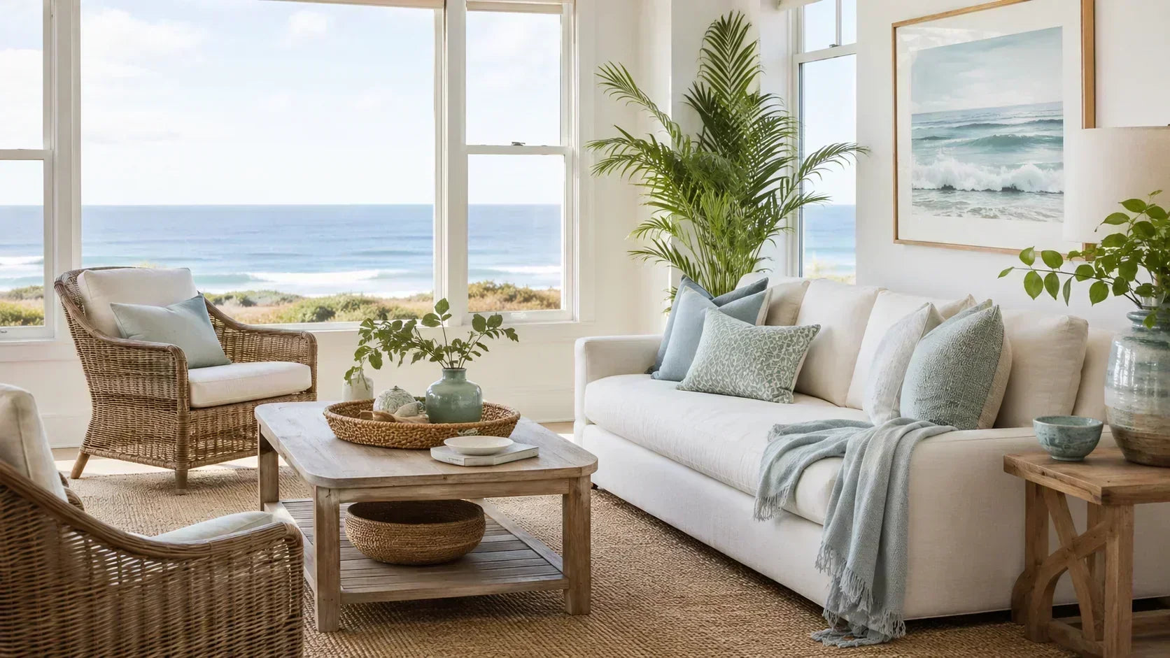 Blue and white ceramic table lamp with matching ceramic vases styled on a timber console in a bright coastal living room with ocean views