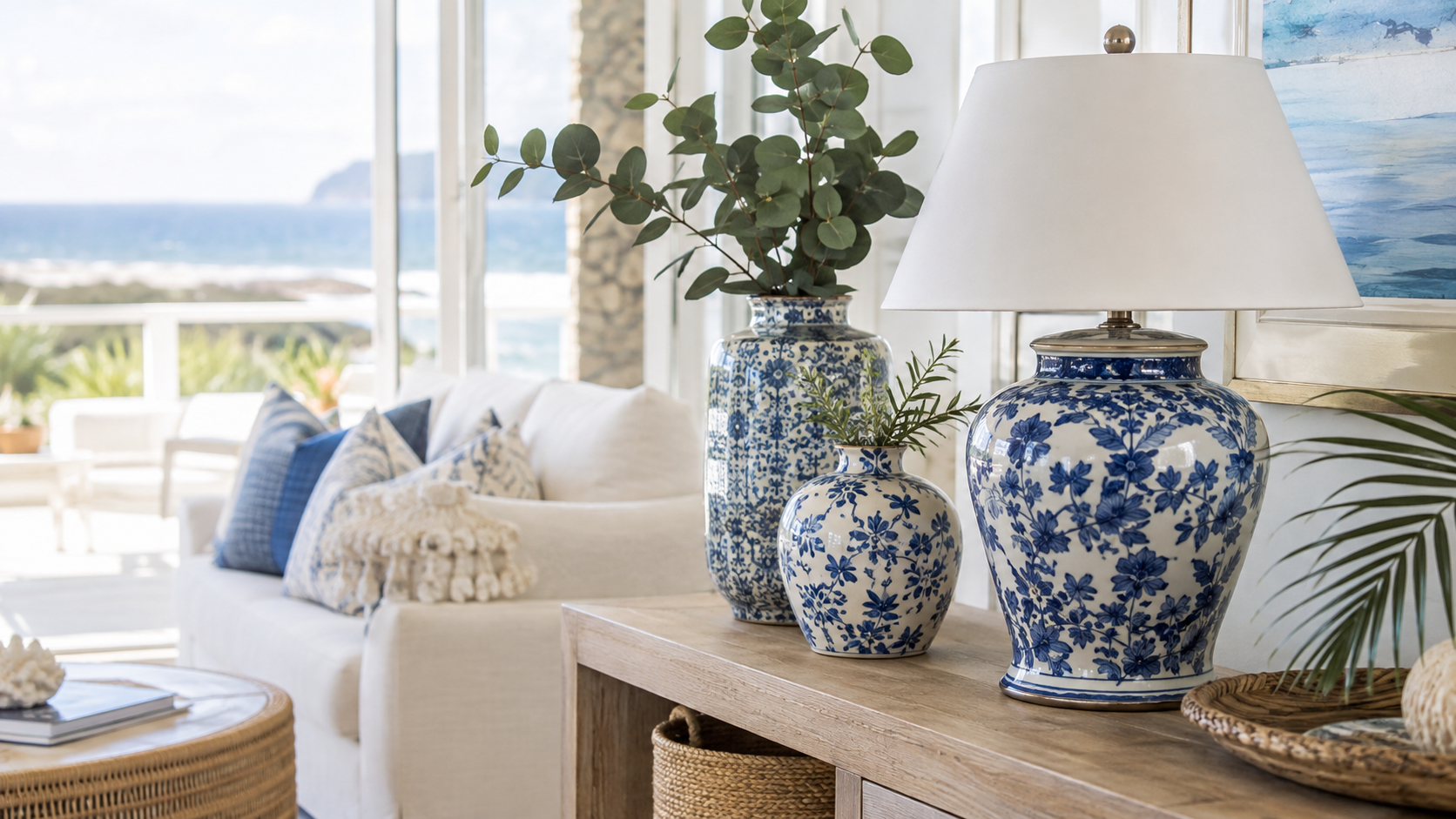 Blue and white ceramic table lamp and decorative ceramic vases styled in a bright coastal Australian home