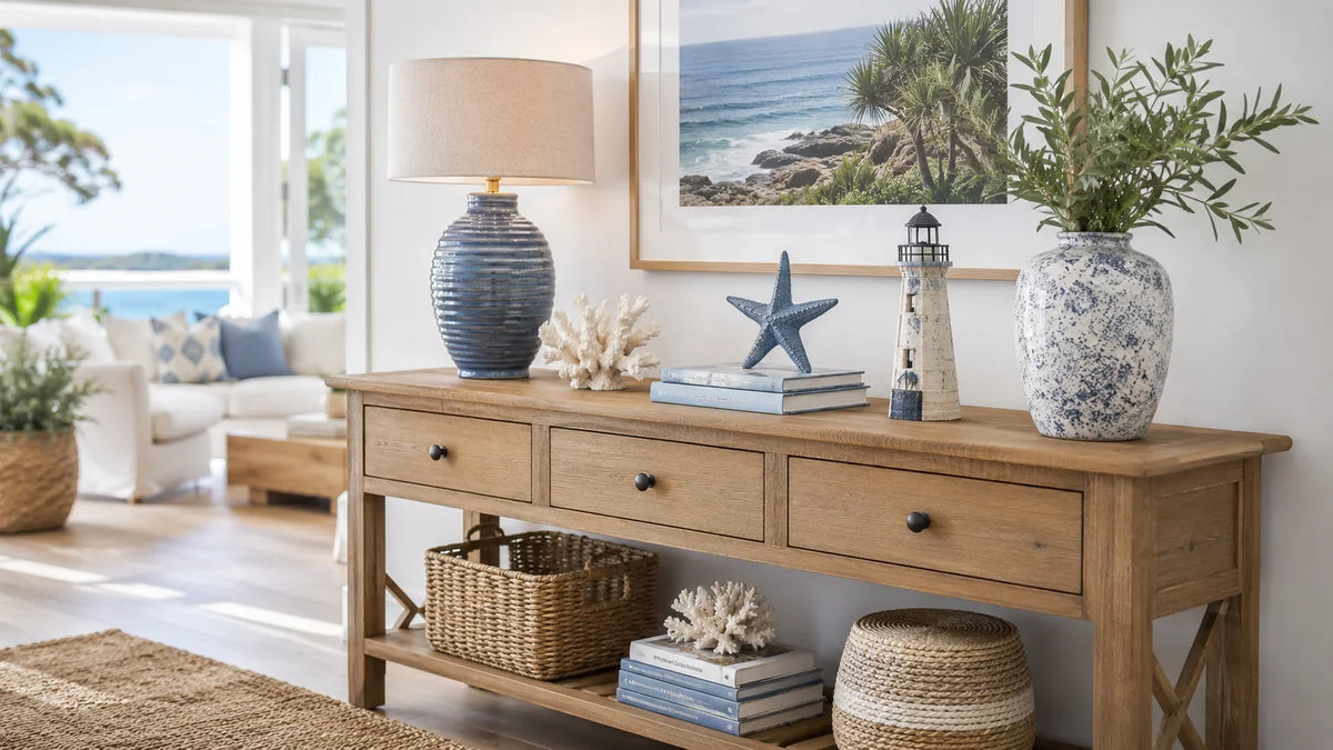 Coastal console table styling with a blue ceramic lamp, vase, starfish décor and natural timber in a bright Australian home