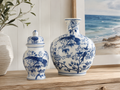 Blue and white ceramic vase and ginger jar set styled on a timber console in a coastal home