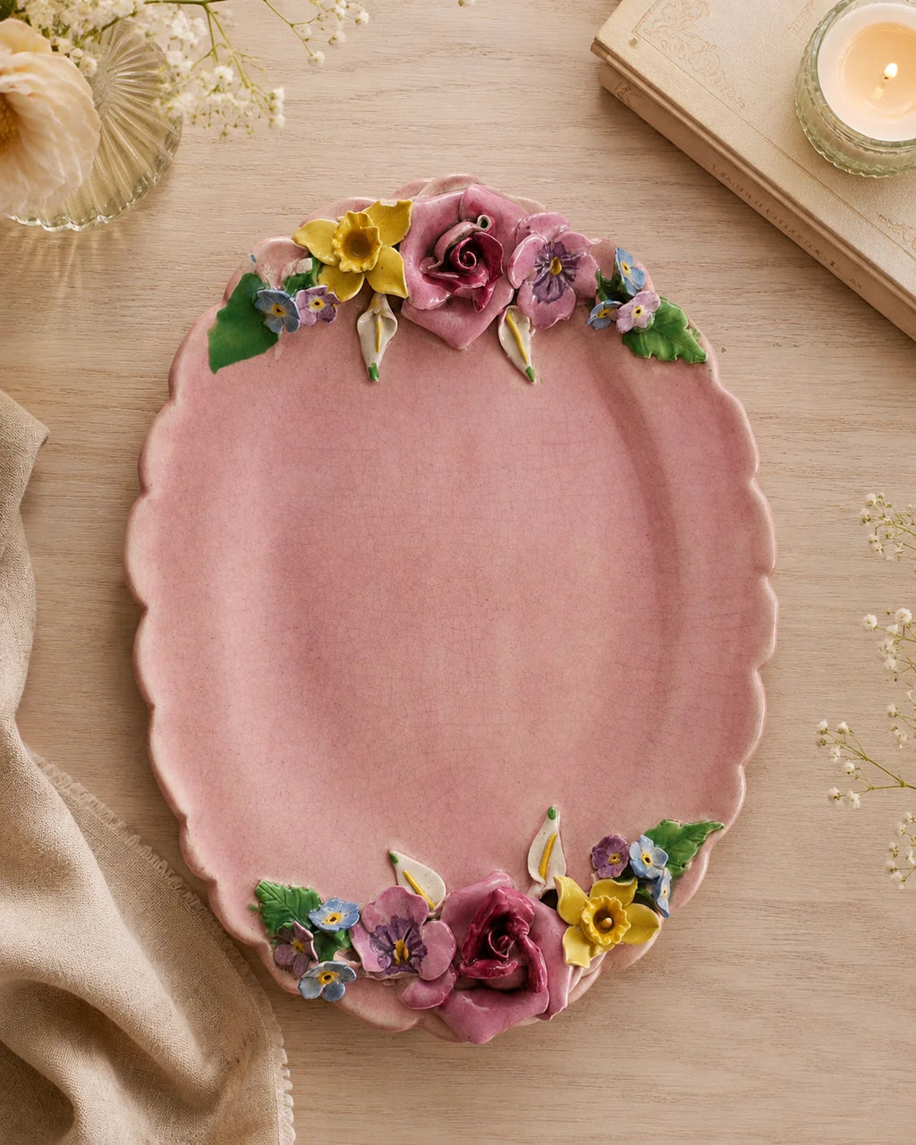 Blush pink floral decorative plate 19 x 25cm with raised ceramic flowers