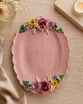 Blush pink floral decorative plate 19 x 25cm with raised ceramic flowers