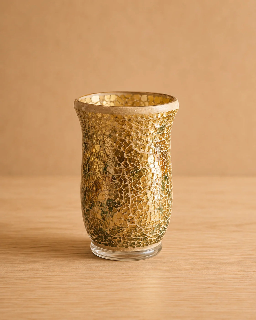 Sunlit Gold Mosaic Candle Holder 15cm with reflective gold mosaic glass finish