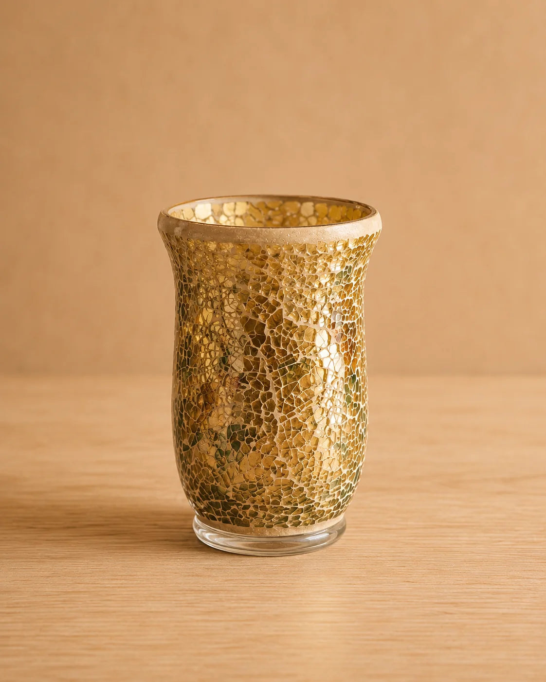 Sunlit Gold Mosaic Candle Holder 15cm with reflective gold mosaic glass finish