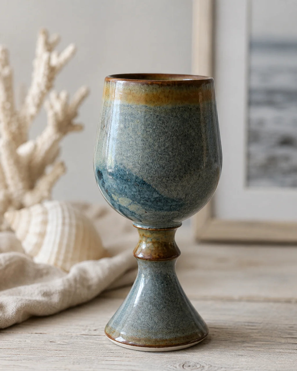 Vintage Cuppacumbalong Pottery blue-grey stoneware goblets styled in a coastal home