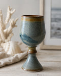 Vintage Cuppacumbalong Pottery blue-grey stoneware goblets styled in a coastal home