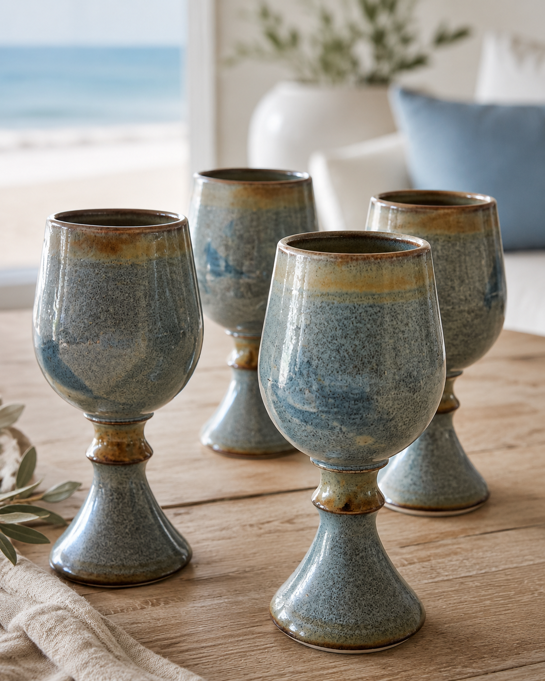 Vintage Australian Cuppacumbalong Pottery stoneware goblets with blue-grey and brown glaze