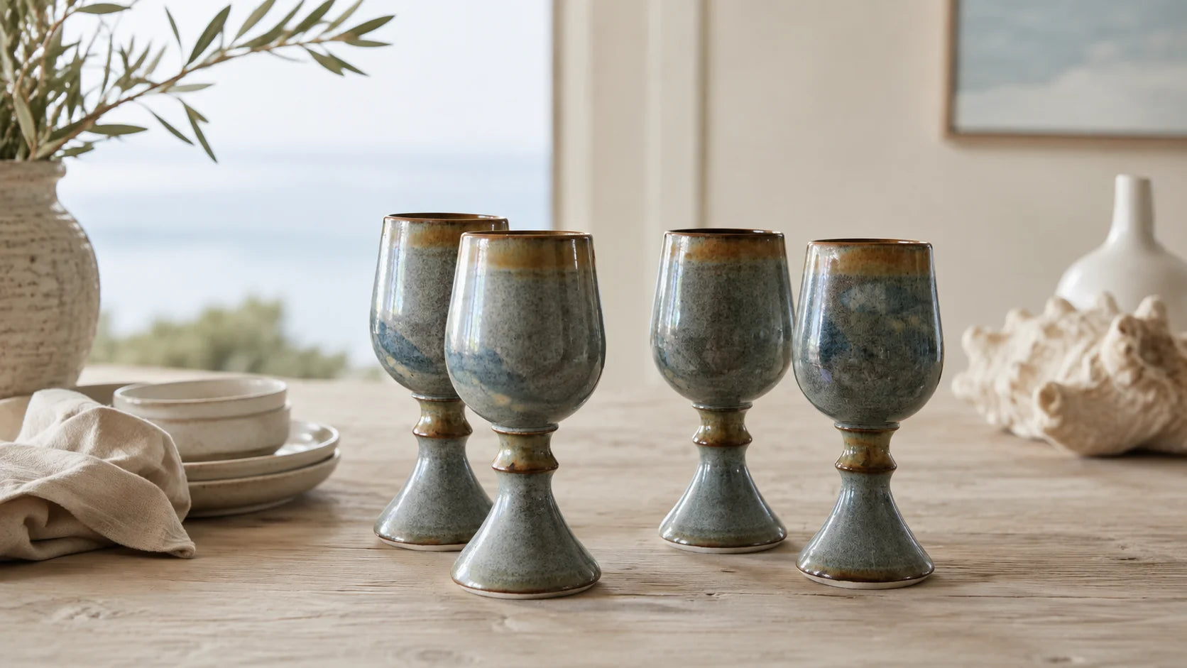 Vintage Australian Cuppacumbalong Pottery stoneware goblets with blue-grey and brown glaze
