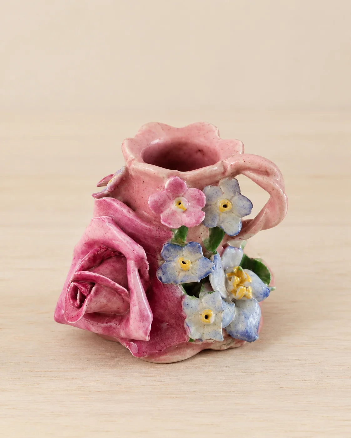 Blush pink mini floral vase 8cm wide with raised ceramic roses and pastel flowers