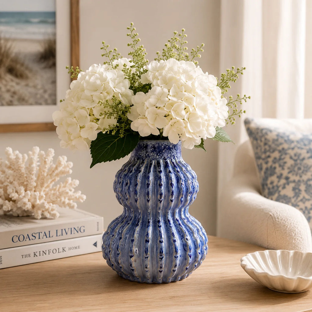 Blue Ribbed Ceramic Vase