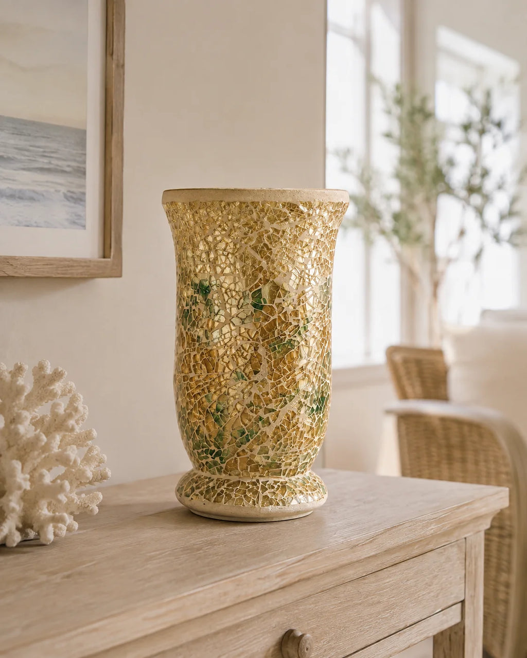 Sunlit Gold Mosaic Vase styled on a light wood buffet in a coastal interior