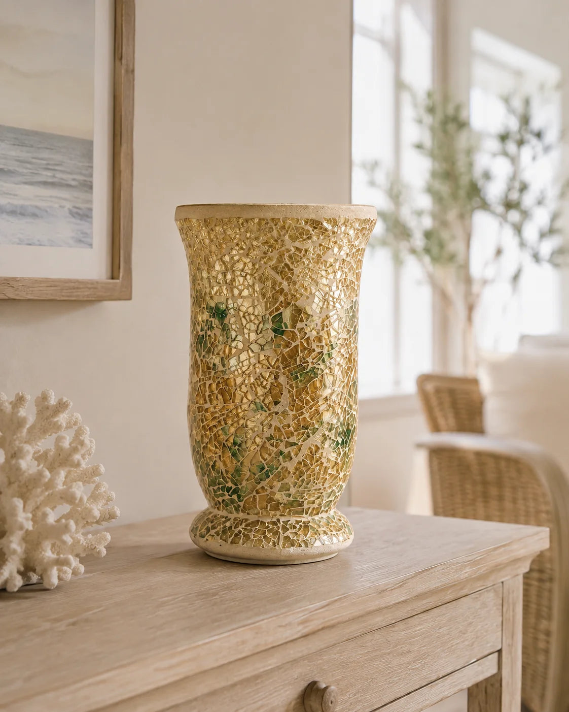 Sunlit Gold Mosaic Vase styled on a light wood buffet in a coastal interior