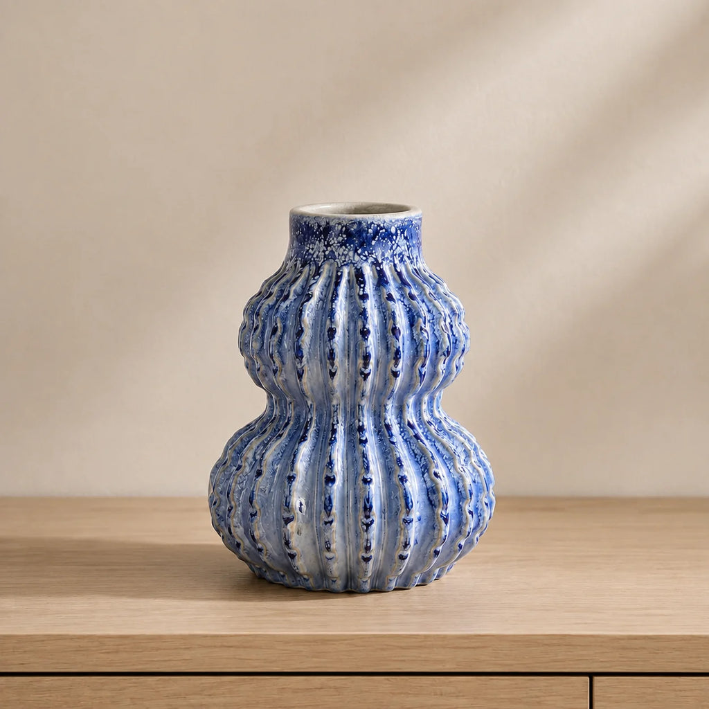 Blue Ribbed Ceramic Vase