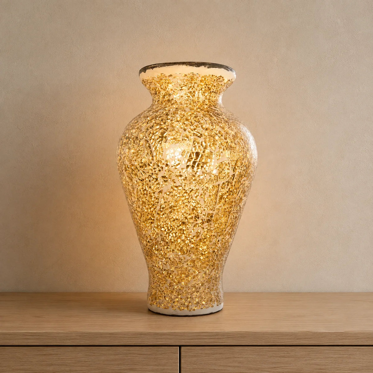 Sunlit Gold Mosaic Candle Holder 15cm with reflective gold mosaic glass finish